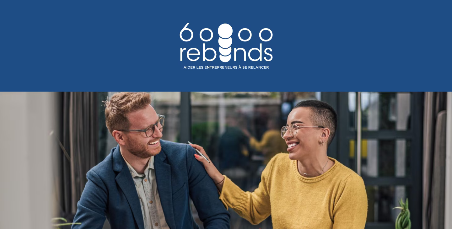 Bannière de l’association 60 000 Rebonds avec deux personnes souriantes, illustrant l’accompagnement à la relance entrepreneuriale