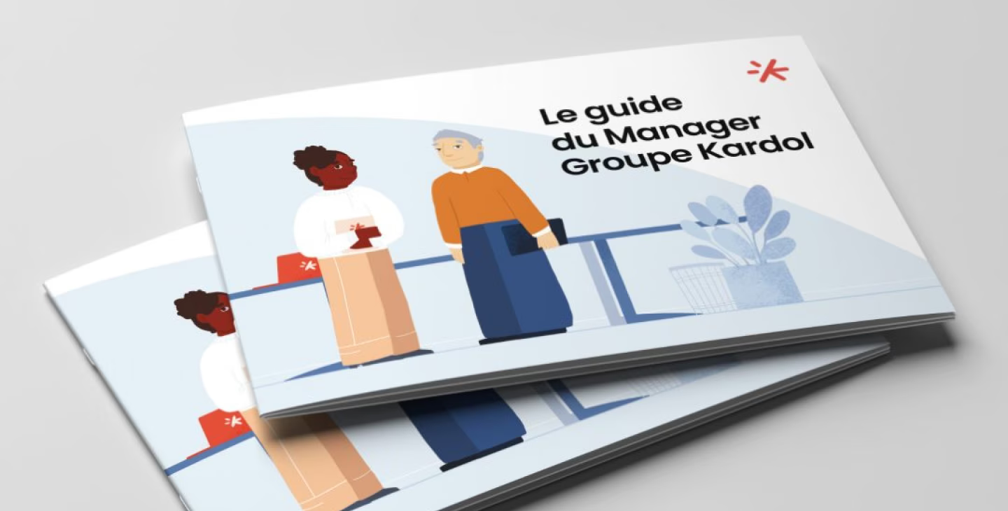 Couverture illustrée du “Guide du Manager Groupe Kardol” montrant deux personnages échangeant dans un environnement de travail