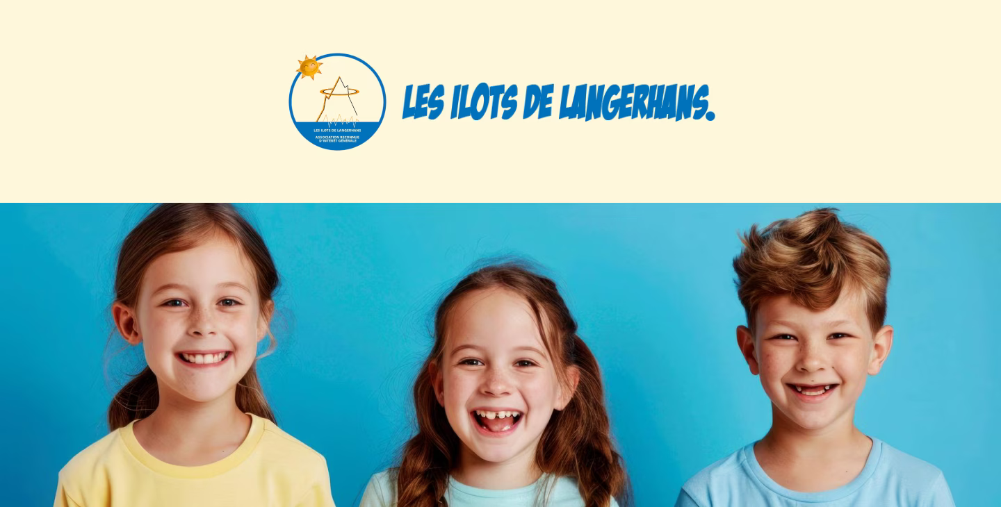 Bannière de l’association Les Îlots de Langerhans avec trois enfants souriants sur fond bleu, soutenant les jeunes atteints de diabète de type 1