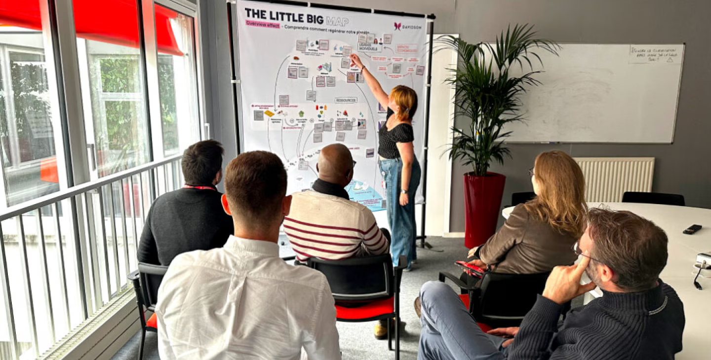 telier Little Big Map avec une intervenante expliquant une carte conceptuelle à un groupe en salle de réunion