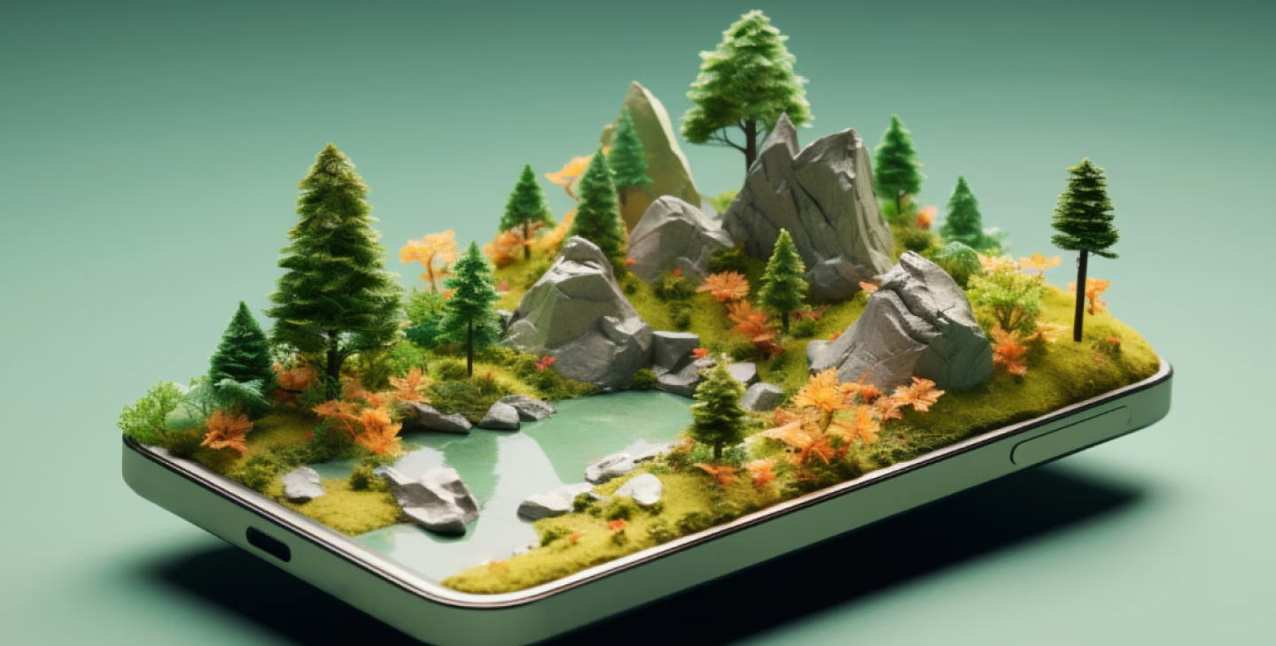 Smartphone moderne avec paysage miniature en relief comprenant arbres, rochers et petit lac sur fond vert clair