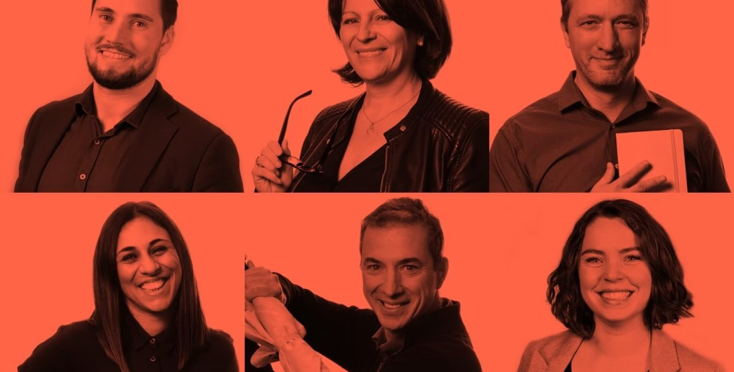 Portraits de six collaborateurs souriants dans un cadre professionnel avec un filtre orange