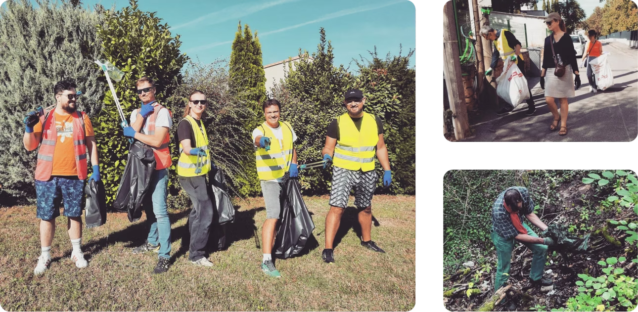 Groupe de bénévoles souriants avec des gilets réfléchissants, tenant des sacs pour collecter des déchets lors du World Clean Up Day.