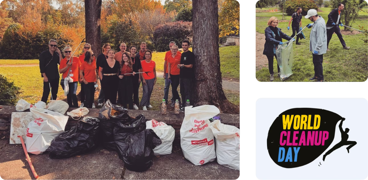Groupe de bénévoles participant au World Clean Up Day, posant avec des sacs de déchets collectés dans un parc.