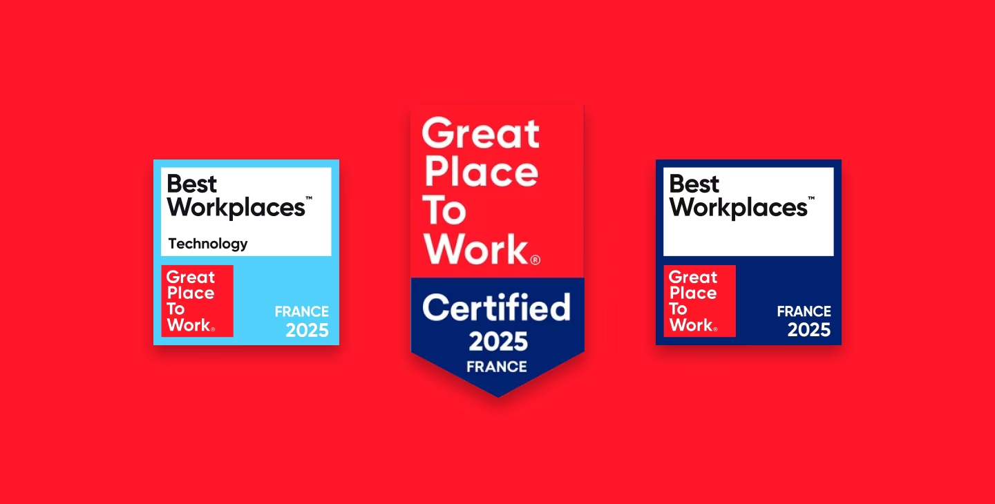 Trois logos distincts représentant les certifications "Great Place to Work" pour 2025 en France. À gauche, un badge pour les "Best Workplaces Technology", au centre un badge "Certified 2025", et à droite un autre badge "Best Workplaces".