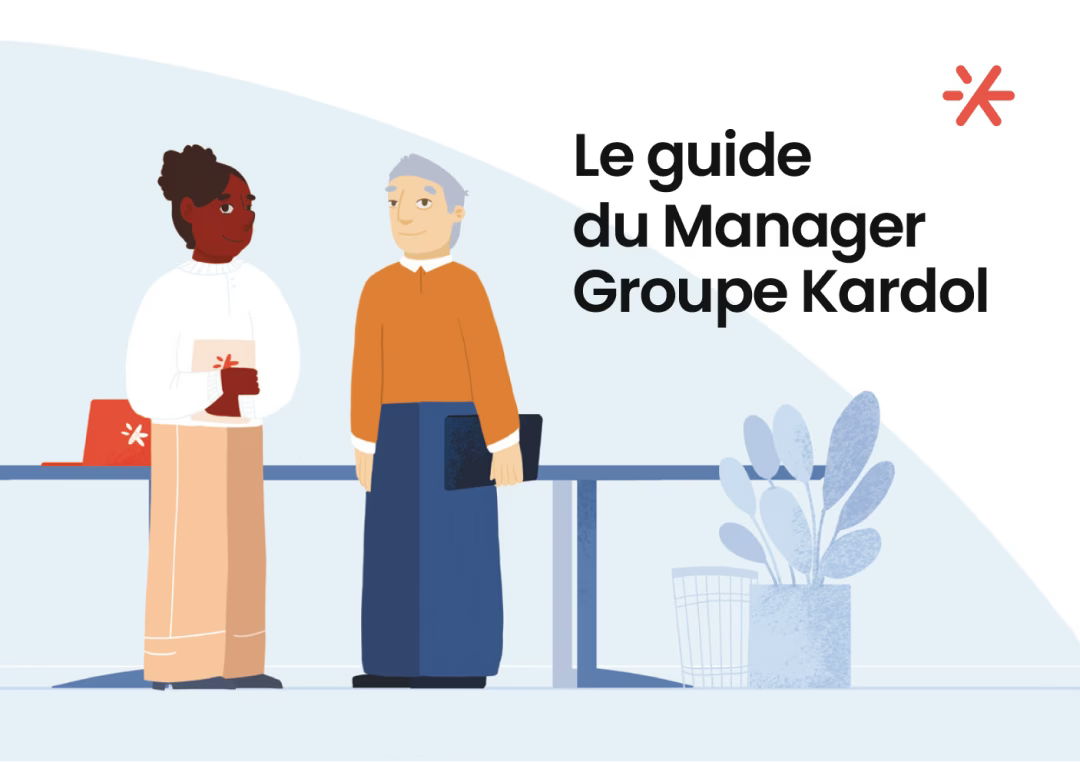  Illustration de couverture du guide du Manager Groupe Kardol montrant deux collègues échangeant dans un environnement de travail serein