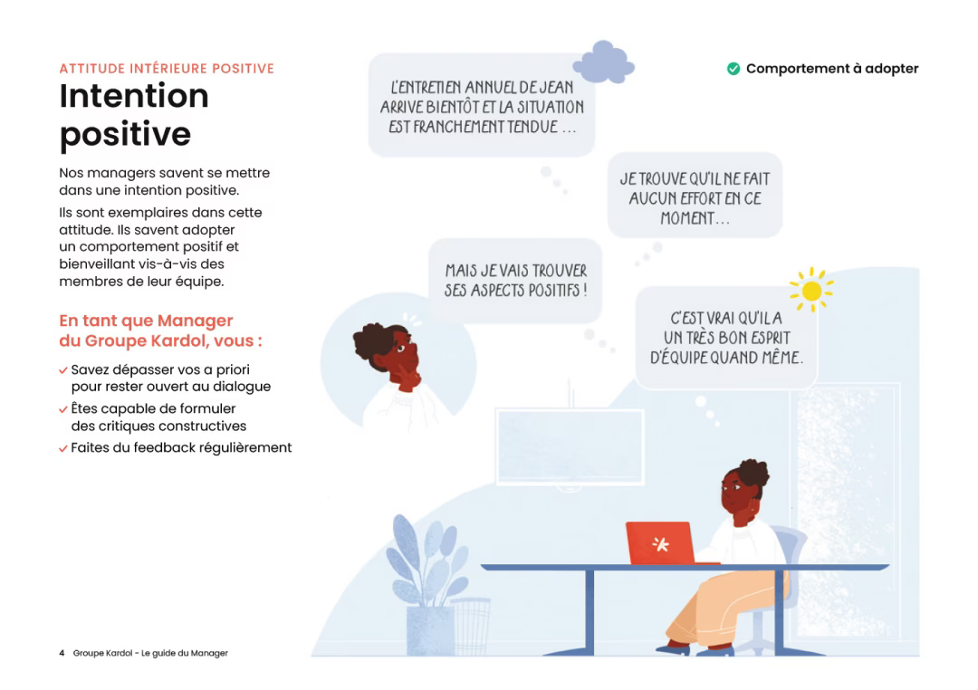 Extrait illustré du guide du manager Groupe Kardol mettant en scène l’importance de l’intention positive dans la préparation d’un entretien