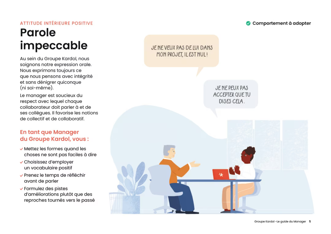 Page du guide du manager du Groupe Kardol présentant le principe de “parole impeccable” avec illustration et recommandations concrètes