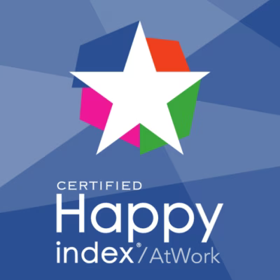 Logo Certified Happy Index AtWork avec une étoile blanche sur un hexagone multicolore, fond bleu dégradé
