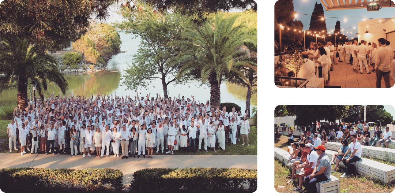 Participants de la Konvention Groupe Kardol 2025 réunis en extérieur, en soirée et lors d’ateliers collaboratifs.